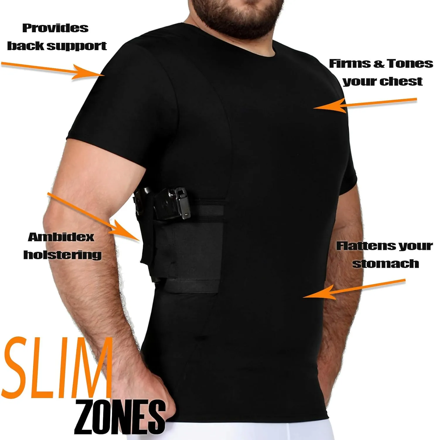-Made in USA- Mens Concealed Carry Holster Slimming Compression Shapewear Under-Shirt Concealed Gun Holster