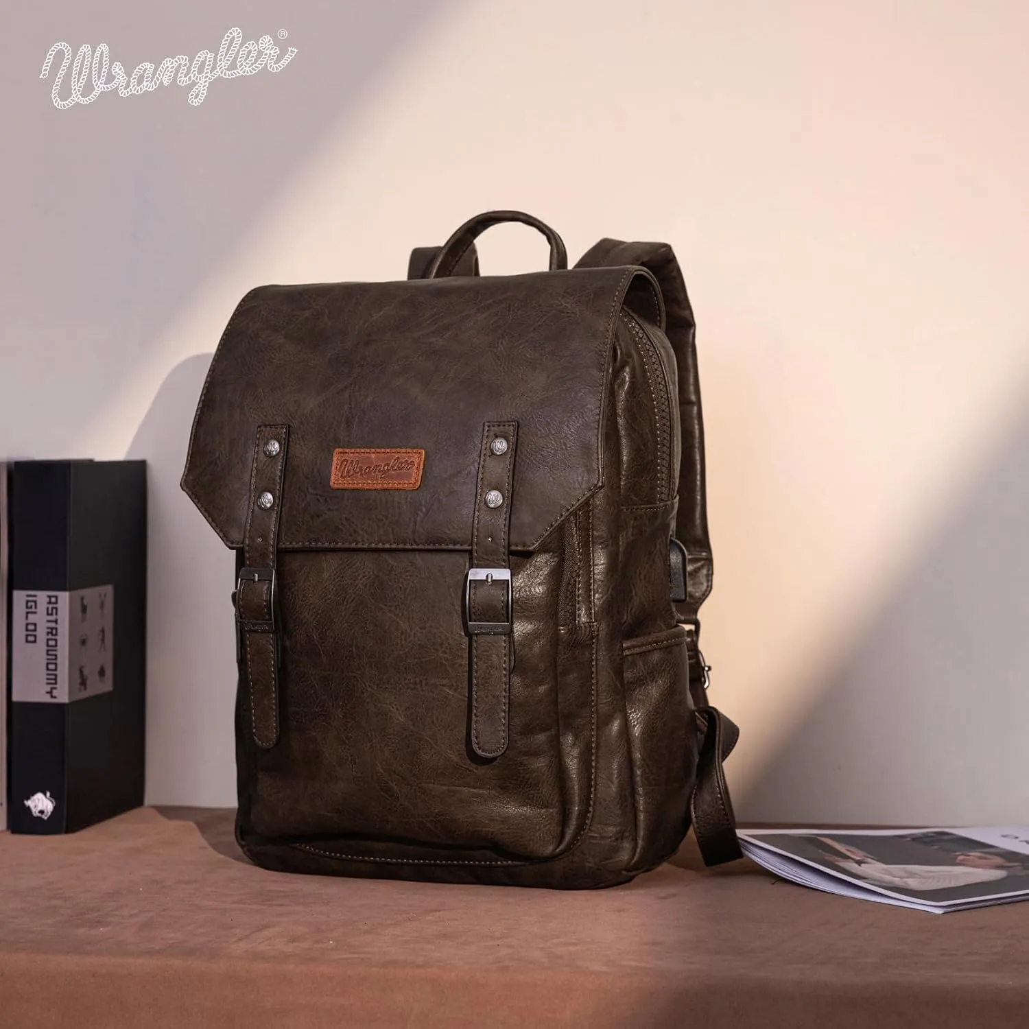 × Wrangler Vegan Leather Backpack Purse Laptop Backpack for Men and Women Unisex Fashion Backpack