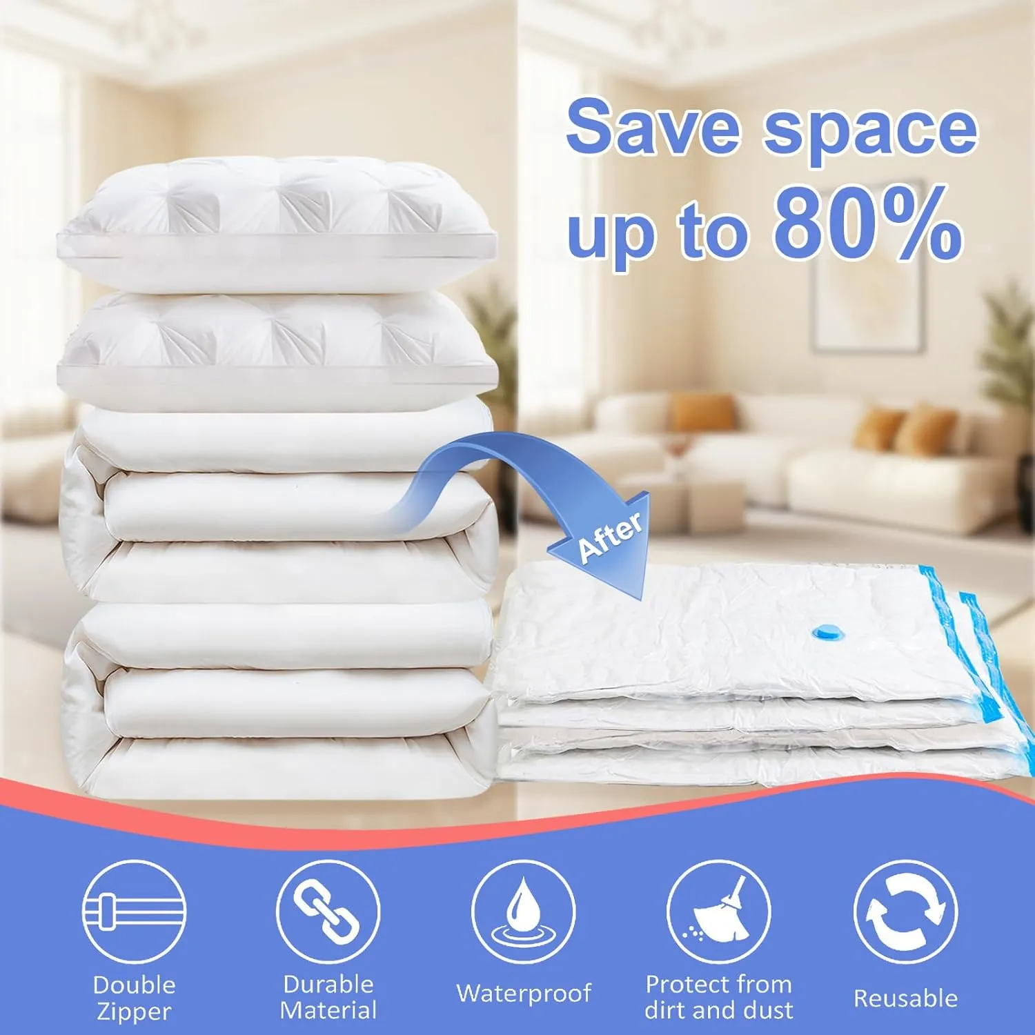 10 Pack Jumbo Vacuum Storage Bags with Hand Pump - 80% Space Saving Vacuum Seal Bags for Clothing, Pillows, Comforters, Blankets, Bedding & Travel