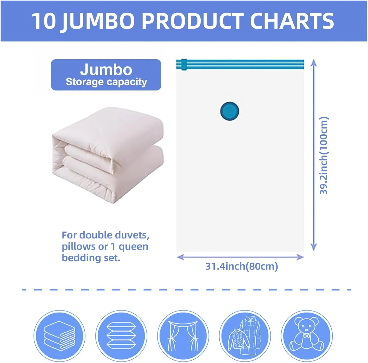 10 Pack Jumbo Vacuum Storage Bags with Hand Pump - 80% Space Saving Vacuum Seal Bags for Clothing, Pillows, Comforters, Blankets, Bedding & Travel