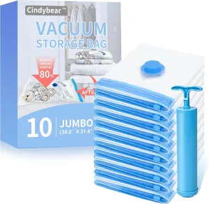 10 Pack Jumbo Vacuum Storage Bags with Hand Pump - 80% Space Saving Vacuum Seal Bags for Clothing, Pillows, Comforters, Blankets, Bedding & Travel