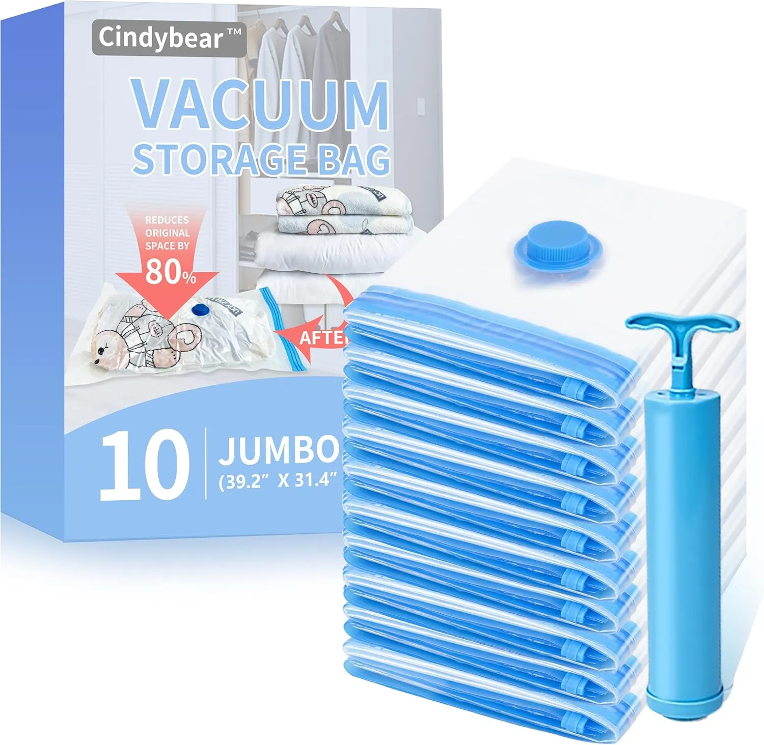 10 Pack Jumbo Vacuum Storage Bags with Hand Pump - 80% Space Saving Vacuum Seal Bags for Clothing, Pillows, Comforters, Blankets, Bedding & Travel