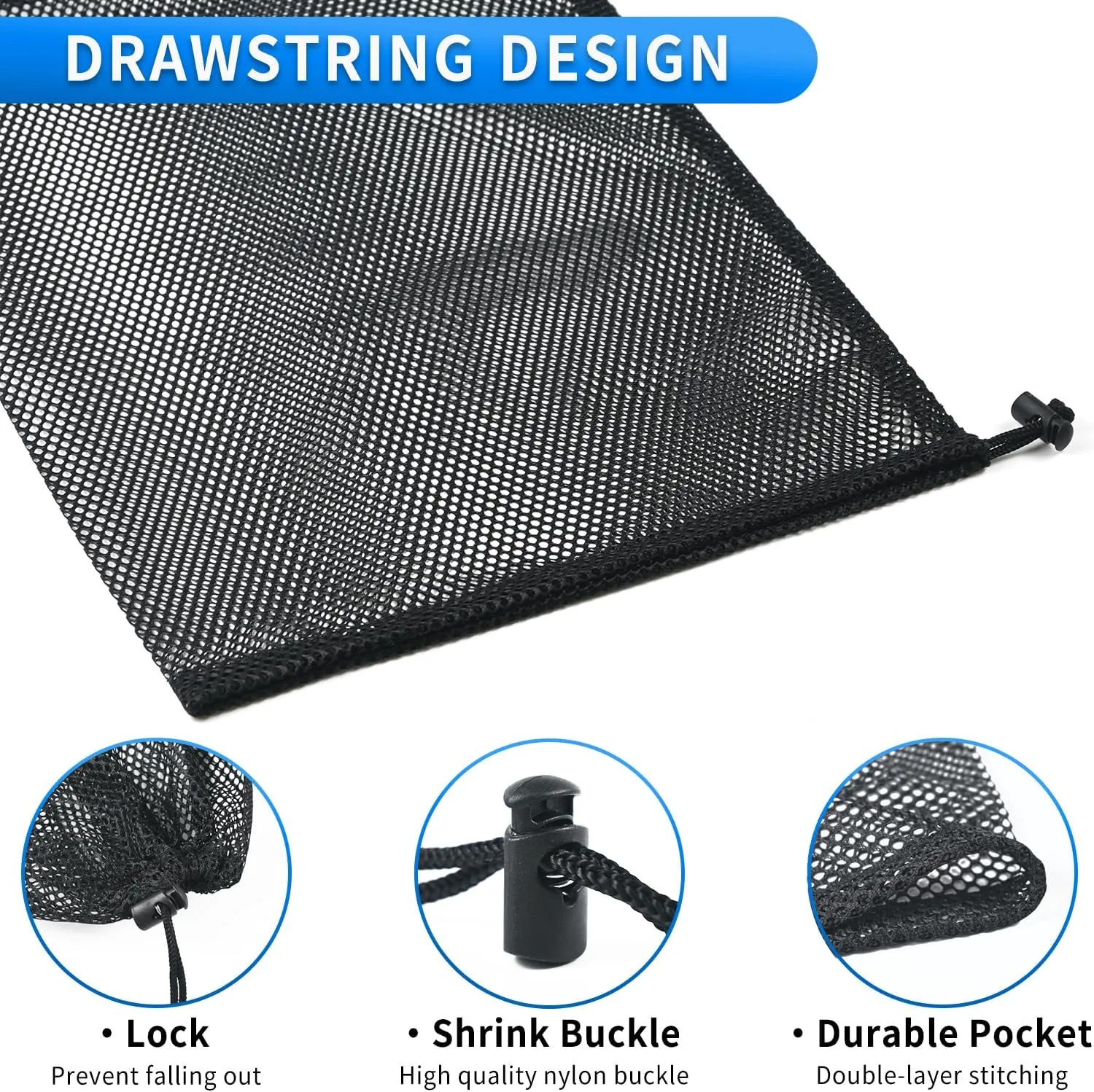 10 Pcs Mesh Drawstring Bag 12" x 16" with Cord Lock Closure, Heavy Duty Nylon Durable Mesh Bag for Laundry Swimming Gym Travel Beach Toys Mushroom Foraging (Black)