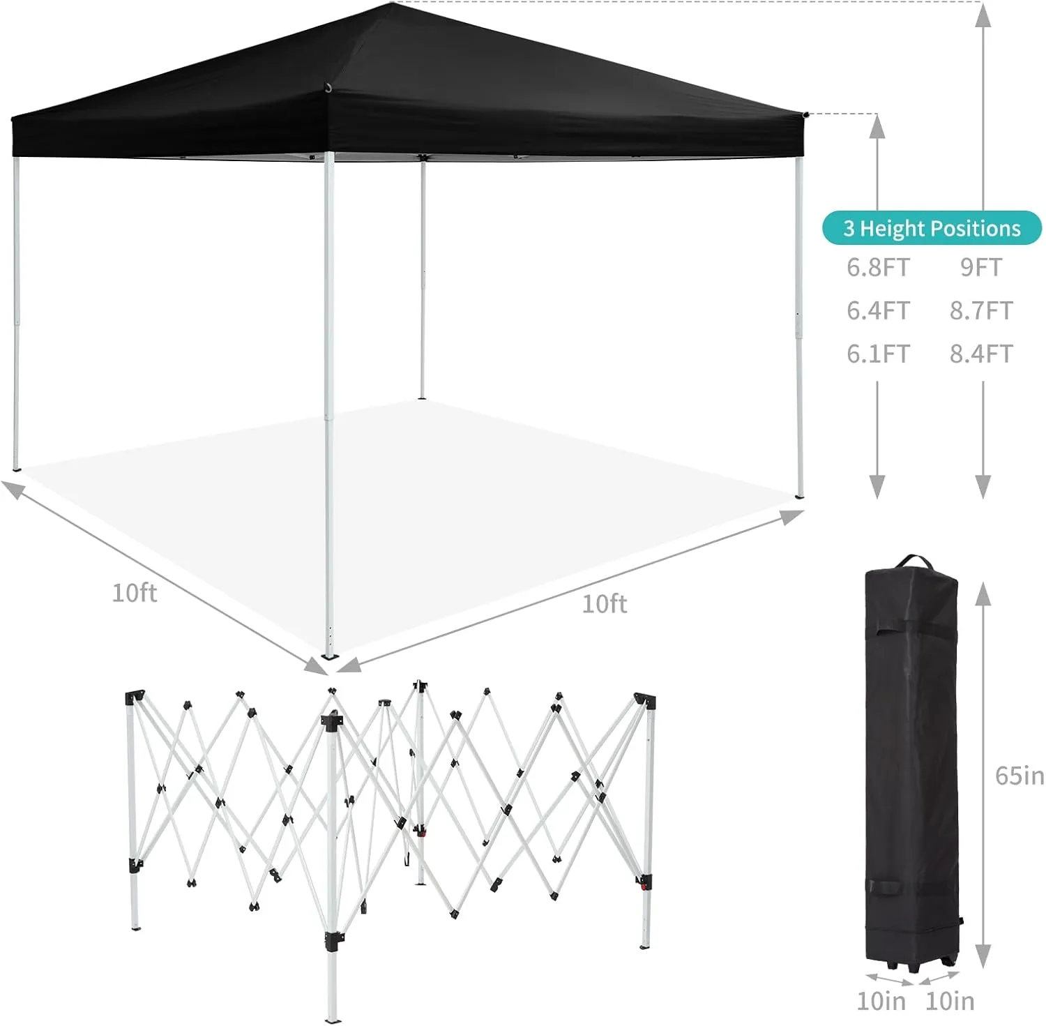 10 x 10 FT Pop Up Canopy, 3 Height Adjustable Instant Canopy with Mosquito Netting, Portable Screen Shelter with Wheeled Carry Bag, Heavy Duty Sun Shade for Patio, Backyard, Black