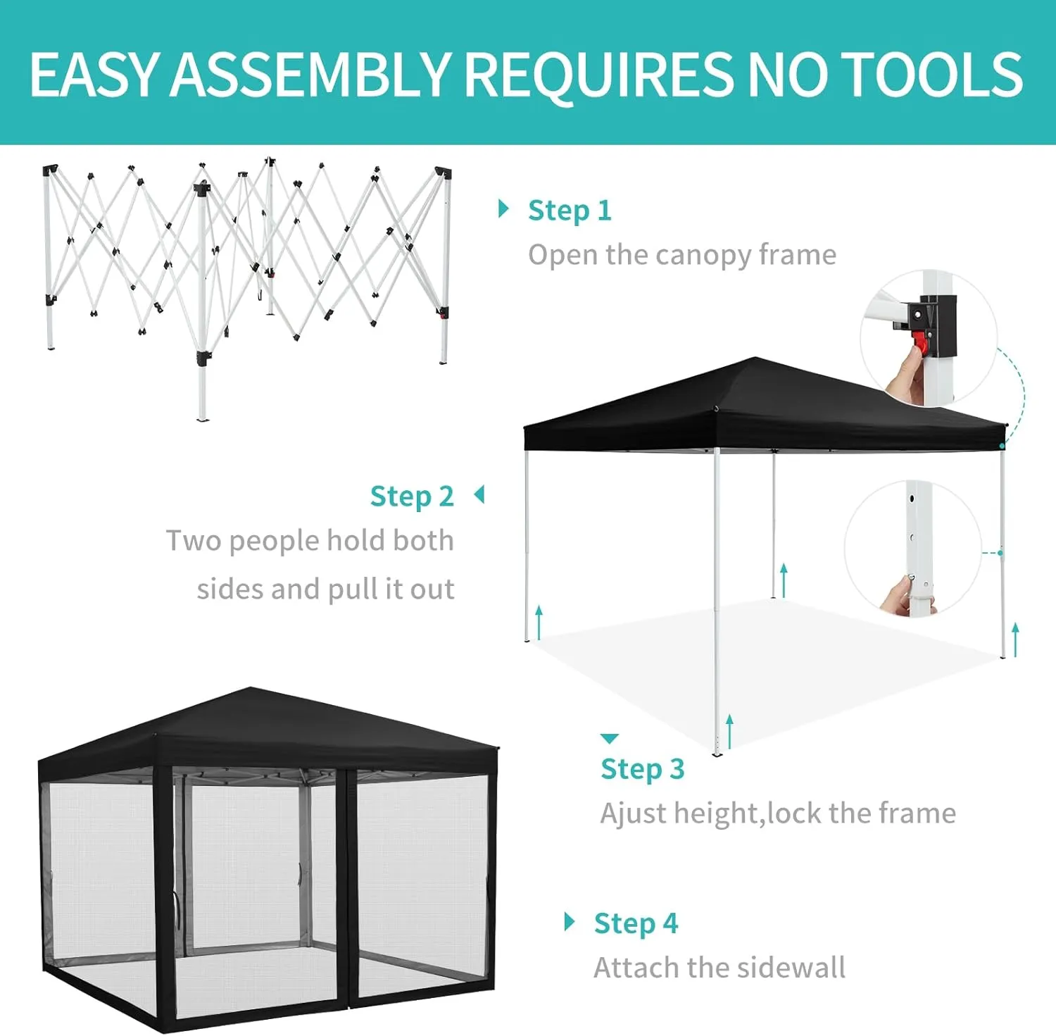 10 x 10 FT Pop Up Canopy, 3 Height Adjustable Instant Canopy with Mosquito Netting, Portable Screen Shelter with Wheeled Carry Bag, Heavy Duty Sun Shade for Patio, Backyard, Black