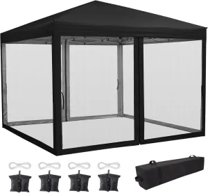 10 x 10 FT Pop Up Canopy, 3 Height Adjustable Instant Canopy with Mosquito Netting, Portable Screen Shelter with Wheeled Carry Bag, Heavy Duty Sun Shade for Patio, Backyard, Black