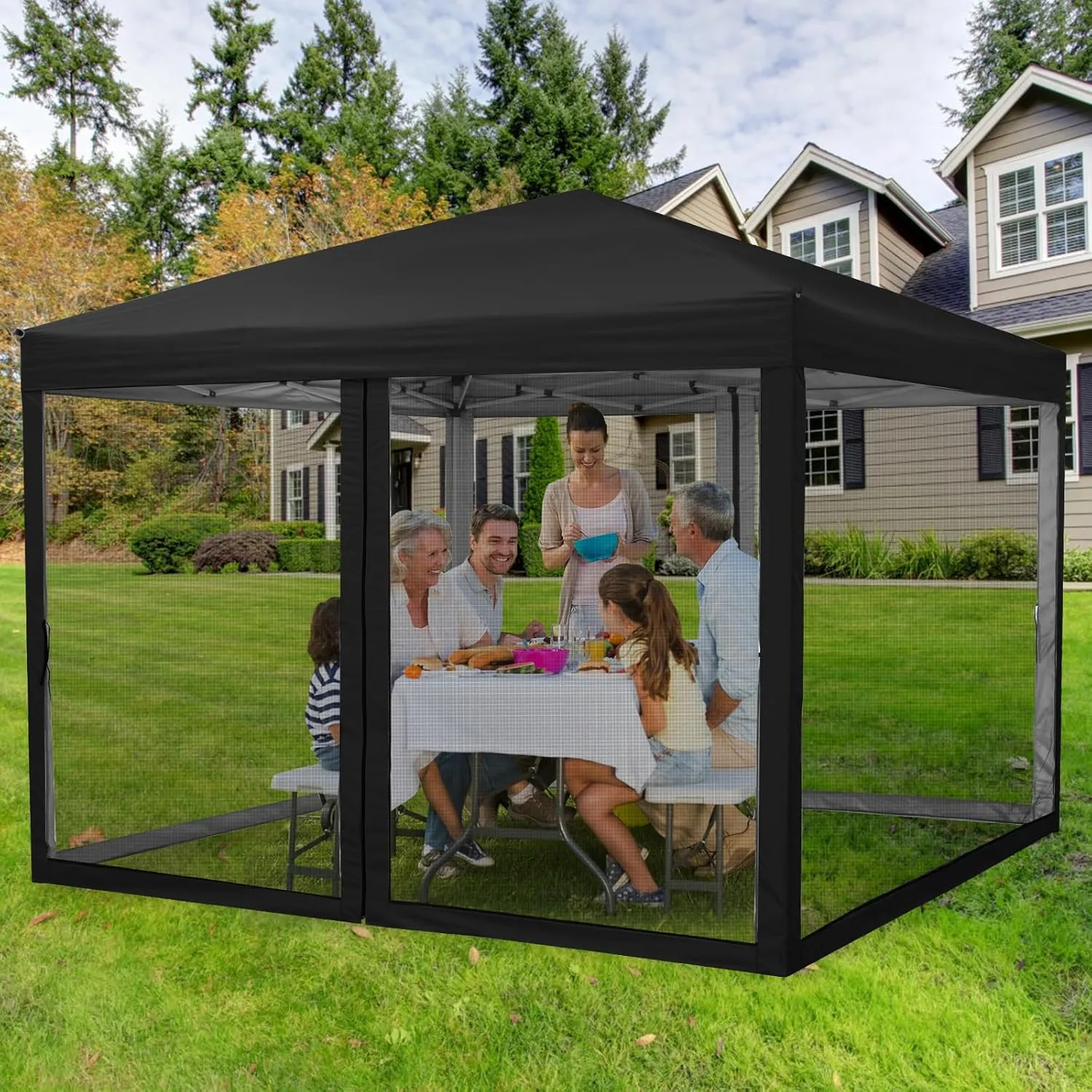 10 x 10 FT Pop Up Canopy, 3 Height Adjustable Instant Canopy with Mosquito Netting, Portable Screen Shelter with Wheeled Carry Bag, Heavy Duty Sun Shade for Patio, Backyard, Black
