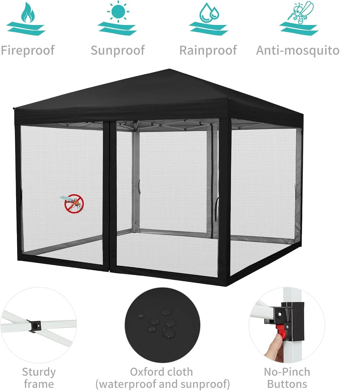 10 x 10 FT Pop Up Canopy, 3 Height Adjustable Instant Canopy with Mosquito Netting, Portable Screen Shelter with Wheeled Carry Bag, Heavy Duty Sun Shade for Patio, Backyard, Black