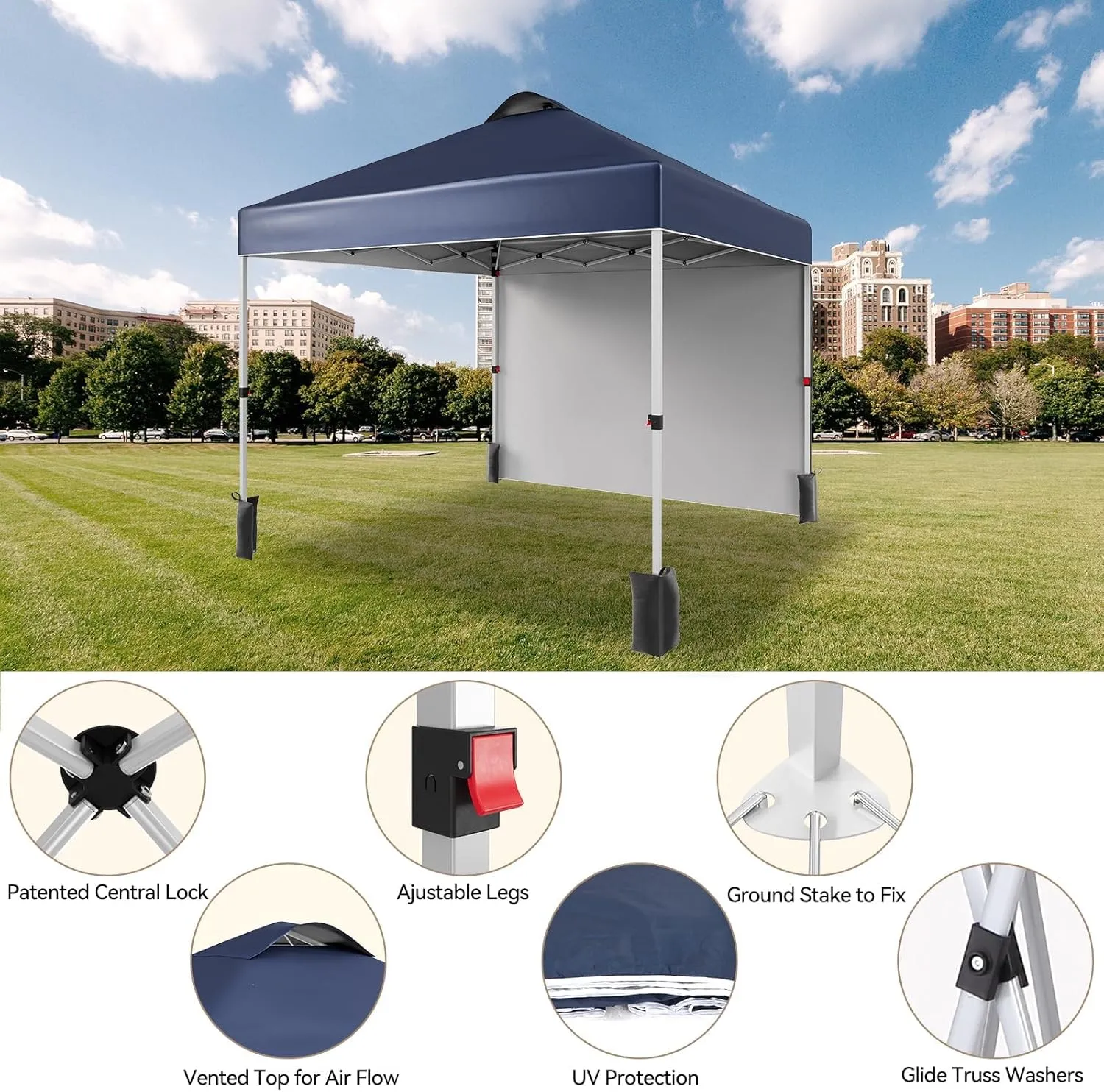 10x10 Pop Up Canopy Outdoor Shade with Pockets Sidewall- Beach Tent with One Push Setup - Easy Outdoor Sun Shade Portable Instant Camping Beach Canopy Tents for Events, Parties, Camping