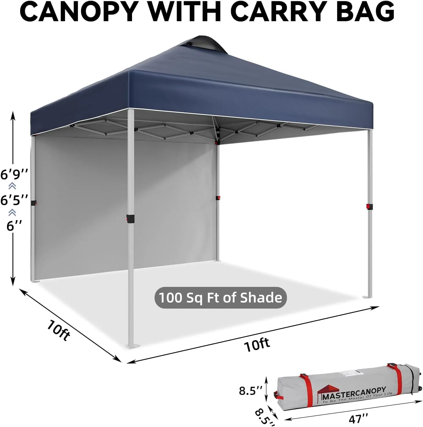 10x10 Pop Up Canopy Outdoor Shade with Pockets Sidewall- Beach Tent with One Push Setup - Easy Outdoor Sun Shade Portable Instant Camping Beach Canopy Tents for Events, Parties, Camping