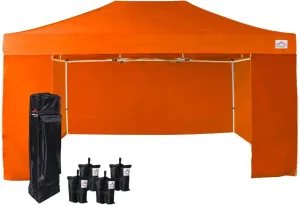 10'x15' Pop Up Canopy Tent Commercial Instant Shelter, with 4 Removable Zippered Side Walls and Heavy Duty Roller Bag, 4 Sand Bags Orange