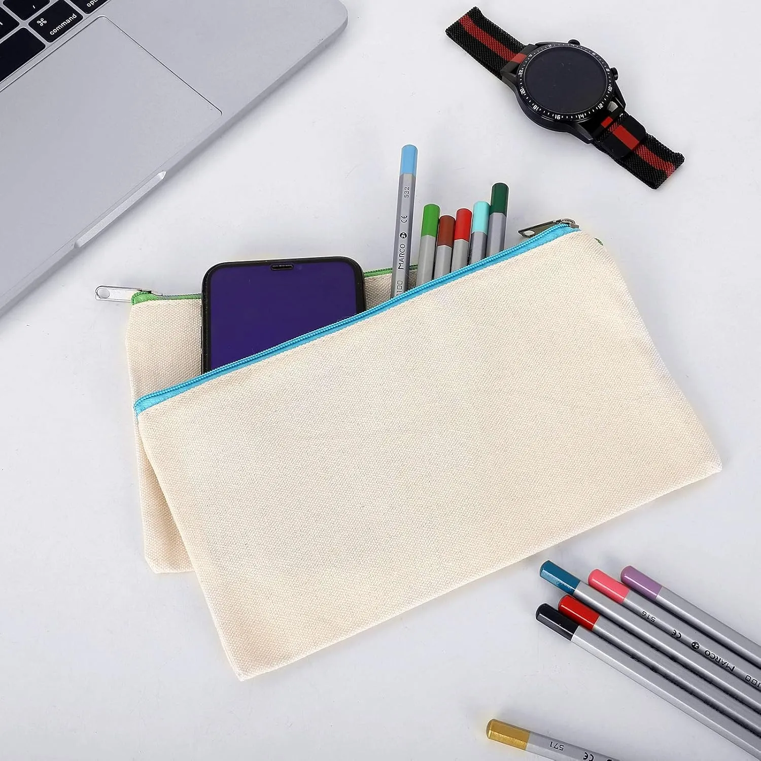 12 Pieces Cotton Canvas Makeup Bag, Multipurpose Cosmetic Bag with Zipper Travel Toiletry Pouch, Blank DIY Craft Bag (L)