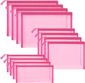 12 Pieces Zipper Nylon Mesh Pouch, Mesh Cosmetic Bags Makeup Bags Pencil Case, Multipurpose Travel Bags for Cosmetic School Office Supplies and Travel Accessories (Hot Pink, Assorted Sizes)