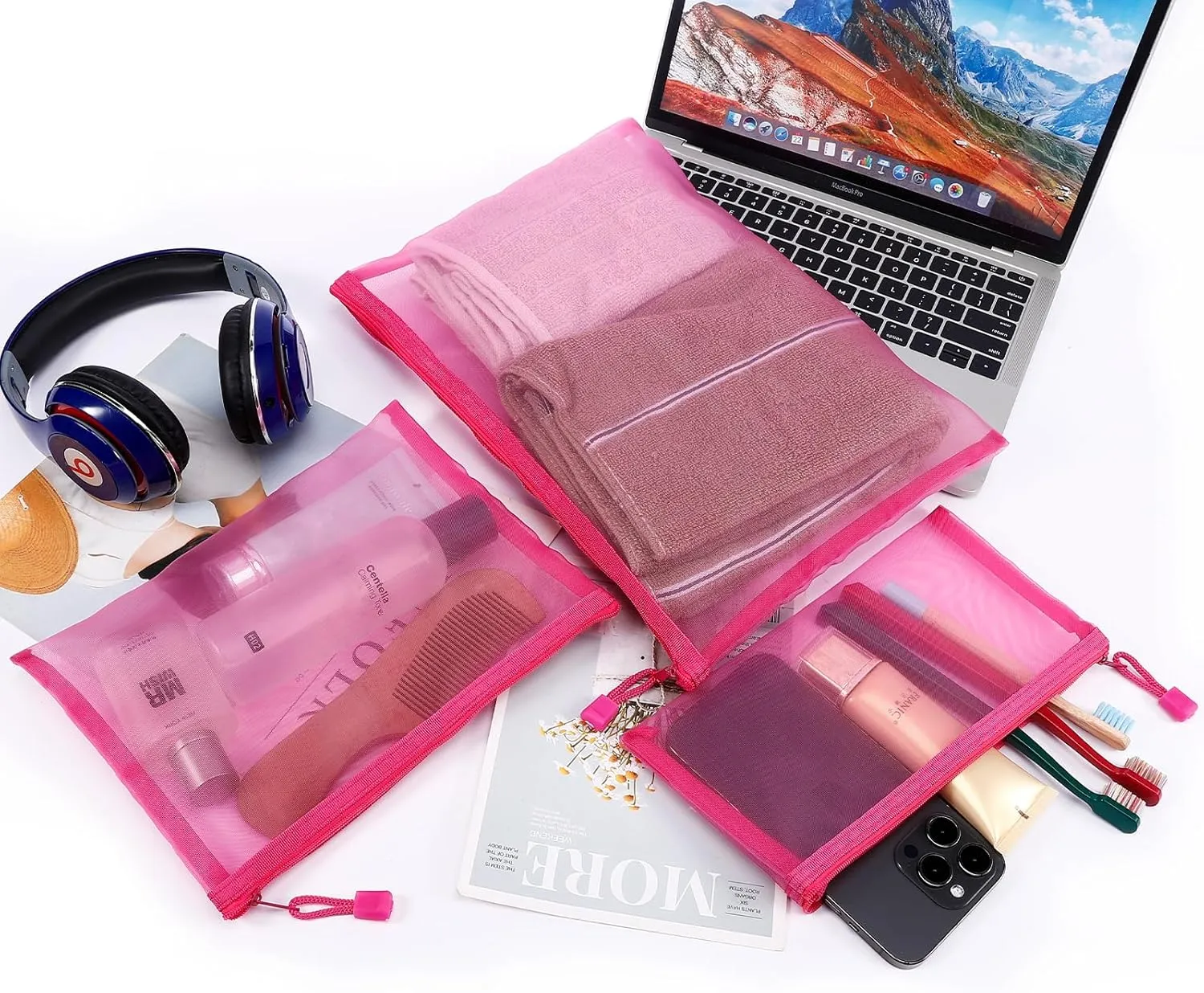 12 Pieces Zipper Nylon Mesh Pouch, Mesh Cosmetic Bags Makeup Bags Pencil Case, Multipurpose Travel Bags for Cosmetic School Office Supplies and Travel Accessories (Hot Pink, Assorted Sizes)