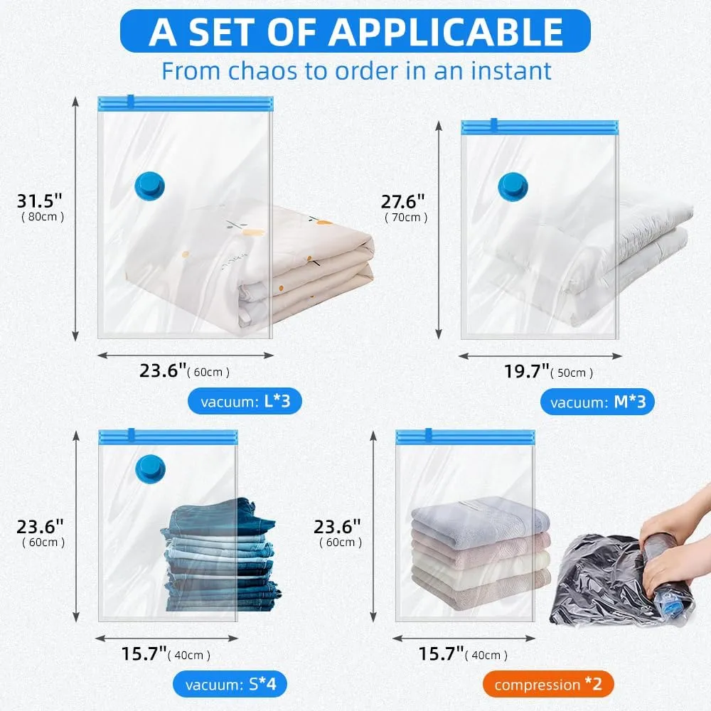 12Pack Vacuum Storage Bags with Electric Pump (3 Large, 3 Medium, 4 Small, 2 Roll Up Bags), Space Saver Bag for Clothes, Duvets, Pillows, Mattress, Blanket, Comforters,Travel