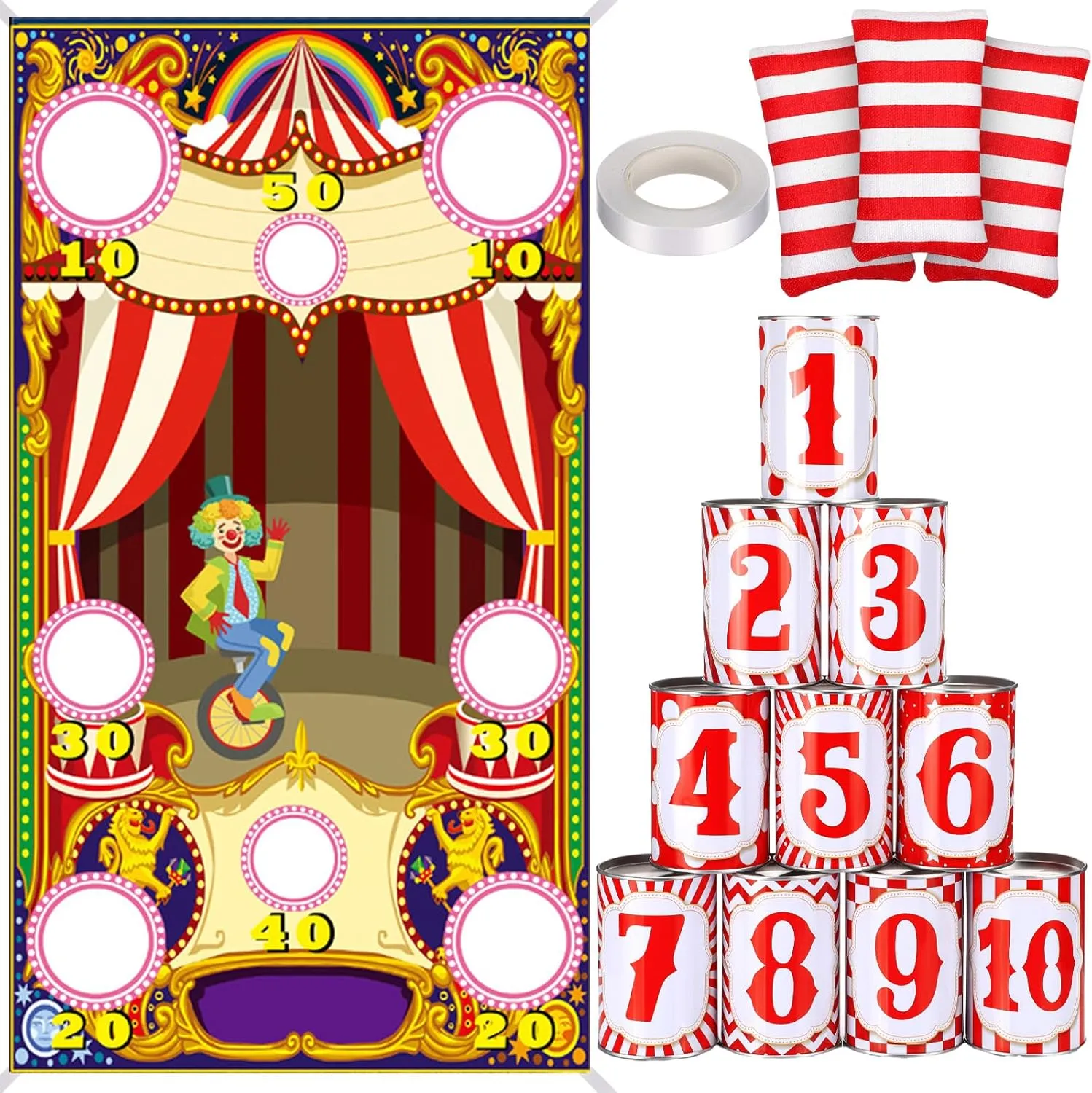 14 Pcs Carnival Bean Bag Toss Games with 10 Carnival Can 3 Bean Bag and 1 Banner for Family Party Birthday Easter Outdoor Activities