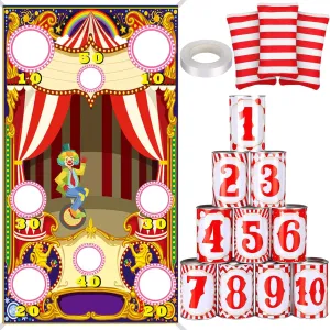 14 Pcs Carnival Bean Bag Toss Games with 10 Carnival Can 3 Bean Bag and 1 Banner for Family Party Birthday Easter Outdoor Activities