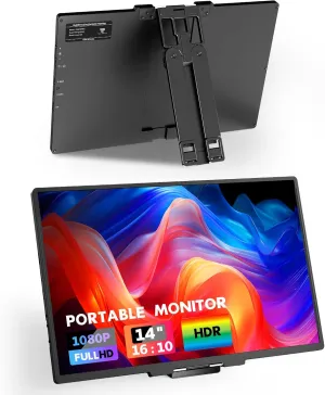 14inch Portable Monitor 1080P FHD IPS Computer Display, Second External Gaming Monitor USB-C HDMI Utral-Slim Travel Monitor for Laptop,PC,Mac,Phone,PS,Xbox,Switch, with Built-in Kickstand/Leather Bag