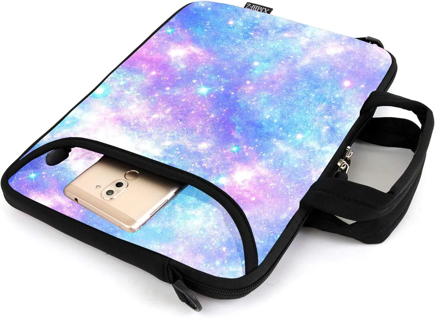 15.6" laptop sleeve chromebook case adjustable shoulder strap with handle accessory pocket (pink galaxys)