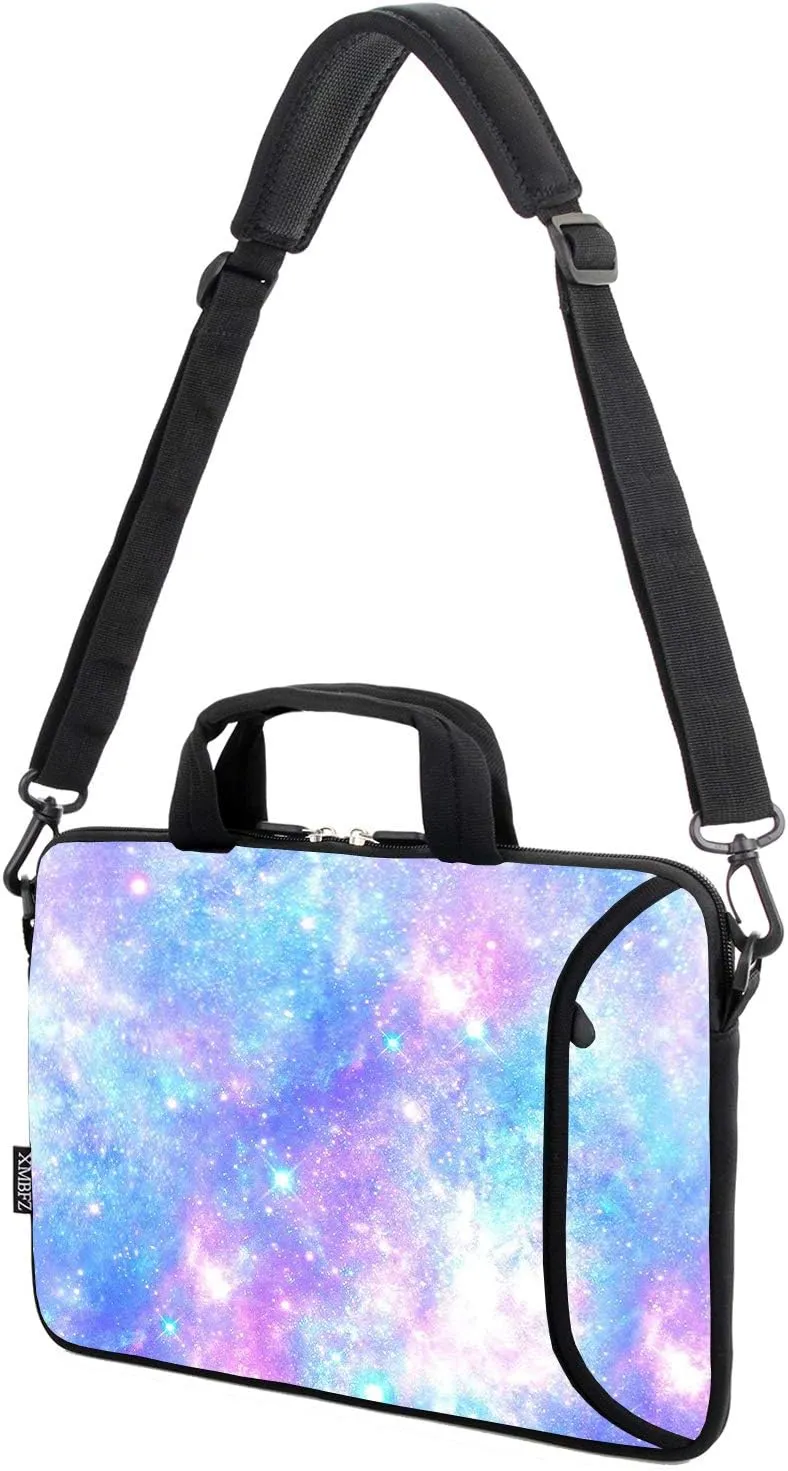 15.6" laptop sleeve chromebook case adjustable shoulder strap with handle accessory pocket (pink galaxys)