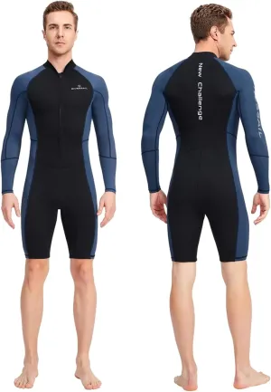 1.5mm Neoprene Shorty Mens Wetsuit UV-Proof Front Zip Lycra Long Sleeves Diving Suit for Underwater Snorkeling Swimming Surfing,A,M