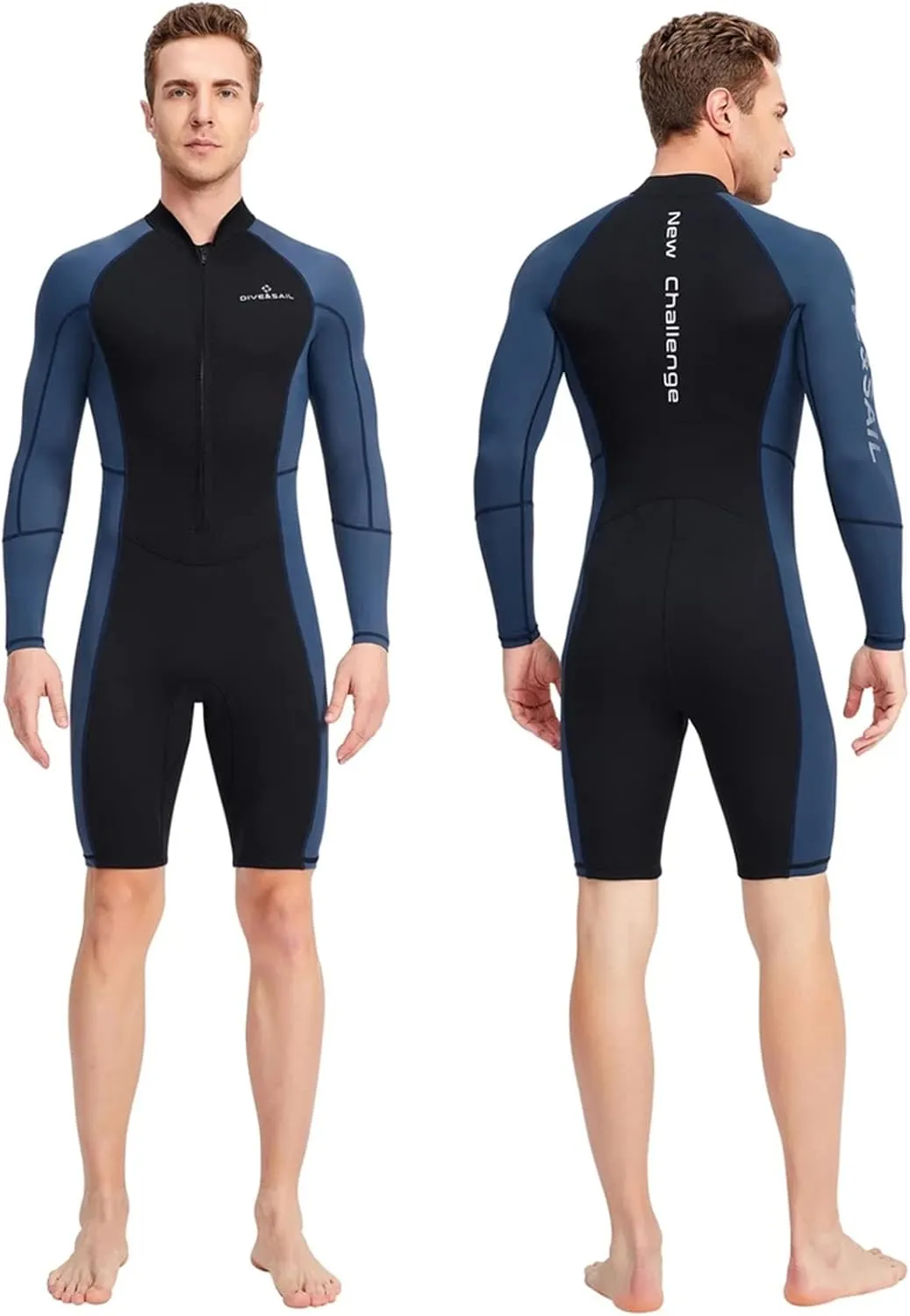 1.5mm Neoprene Shorty Mens Wetsuit UV-Proof Front Zip Lycra Long Sleeves Diving Suit for Underwater Snorkeling Swimming Surfing,A,M