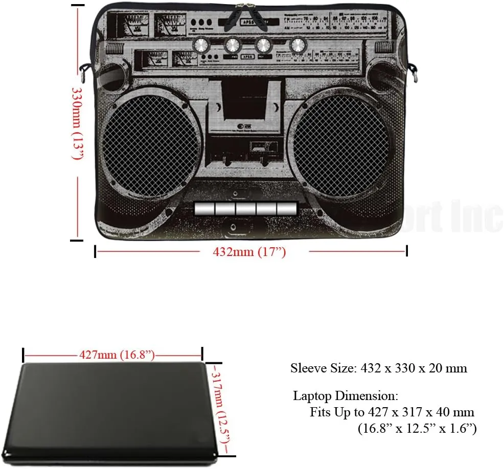 17.3 Inch Neoprene Laptop Sleeve Bag Carrying Case with Hidden Handle Design Compatible with Macbook Air Ultrabook, Chromebook - Cassette Player Design