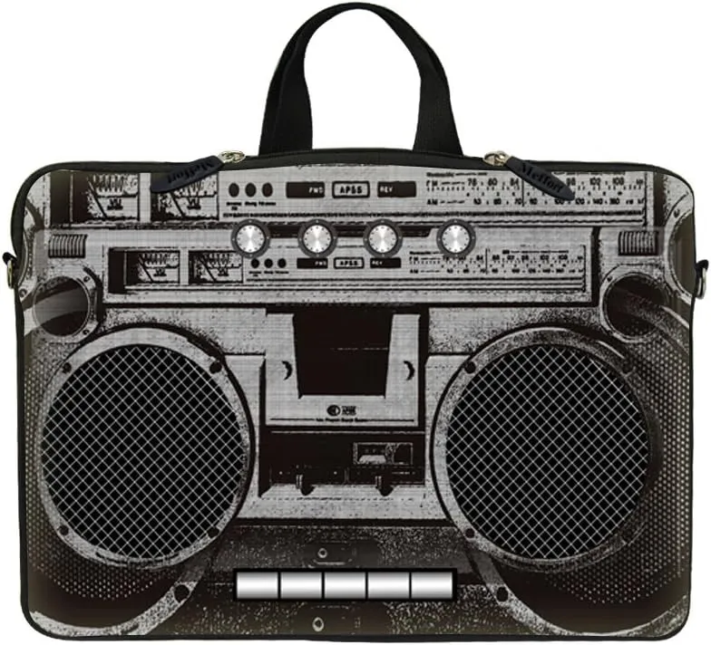 17.3 Inch Neoprene Laptop Sleeve Bag Carrying Case with Hidden Handle Design Compatible with Macbook Air Ultrabook, Chromebook - Cassette Player Design