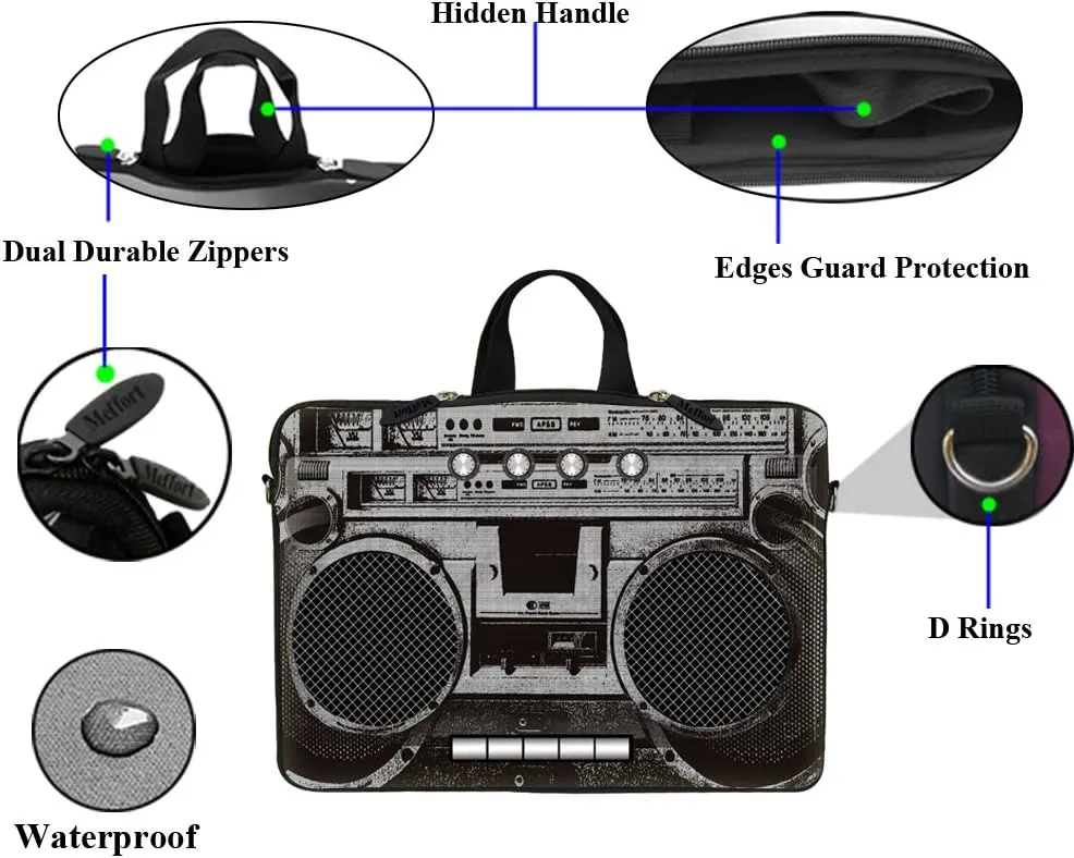 17.3 Inch Neoprene Laptop Sleeve Bag Carrying Case with Hidden Handle Design Compatible with Macbook Air Ultrabook, Chromebook - Cassette Player Design