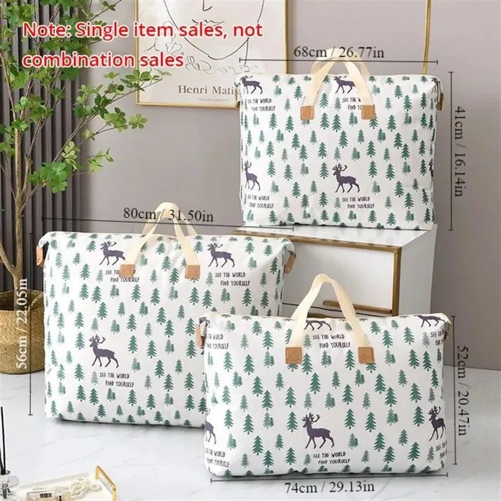 1pc Print Zipper Quilt Storage Bag Zipper Large Capacity Packing Bag Double Handle Moisture-proof Clothes Quilt Storage Bag(1pc Elk,80x27x56cm)