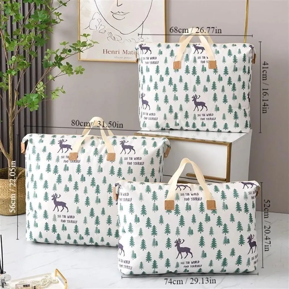 1pc Print Zipper Quilt Storage Bag Zipper Large Capacity Packing Bag Double Handle Moisture-proof Clothes Quilt Storage Bag(1pc Elk,80x27x56cm)