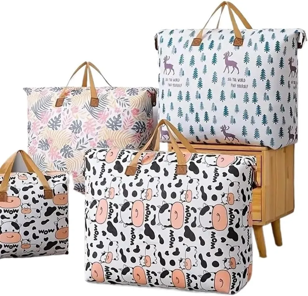 1pc Print Zipper Quilt Storage Bag Zipper Large Capacity Packing Bag Double Handle Moisture-proof Clothes Quilt Storage Bag(1pc Elk,80x27x56cm)
