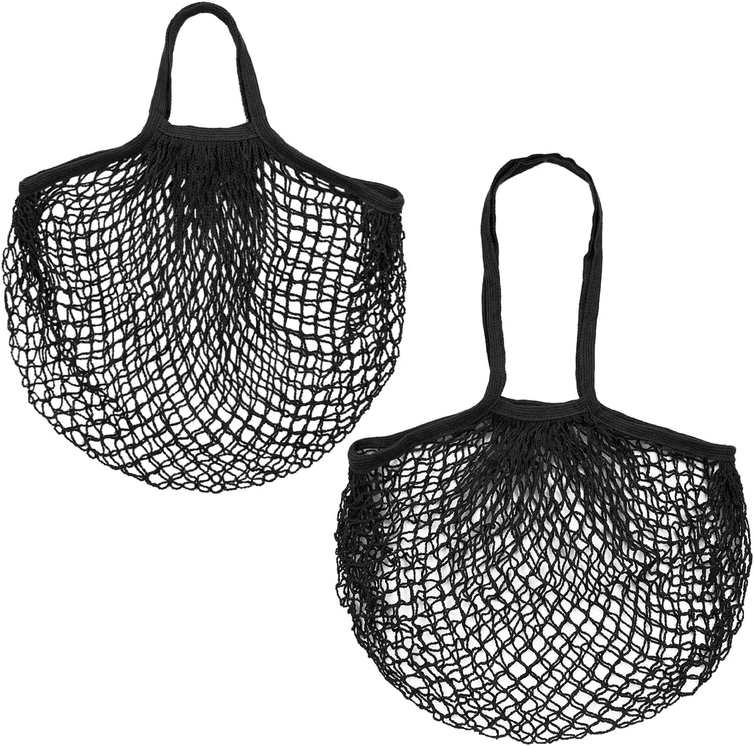 2-Pack Cotton Mesh Bag, Reusable Washable Mesh Net String Grocery Bags, Reusable Produce Bags with Handle, Net Tote Bag for Fruits/Vegetables Shopping [Black, Long&Short Handle]