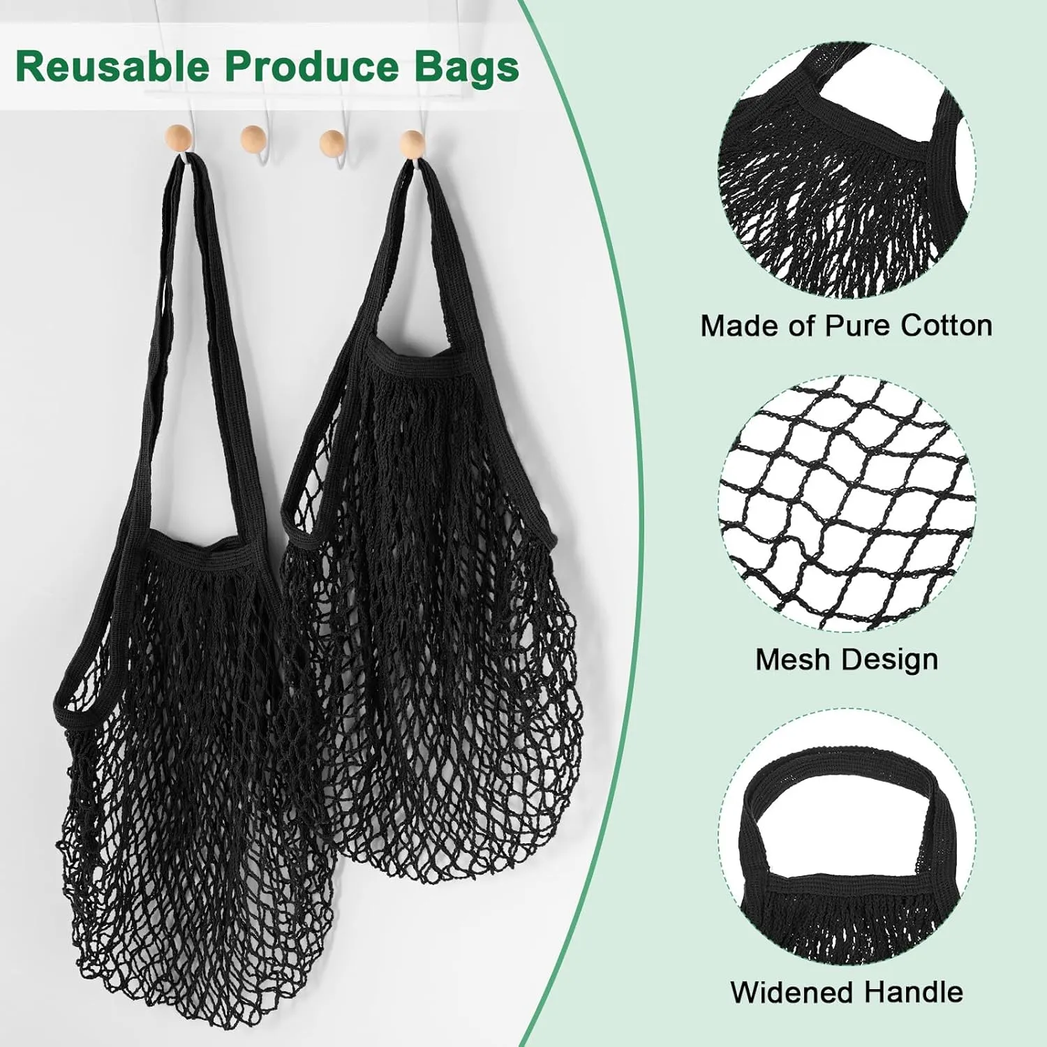 2-Pack Cotton Mesh Bag, Reusable Washable Mesh Net String Grocery Bags, Reusable Produce Bags with Handle, Net Tote Bag for Fruits/Vegetables Shopping [Black, Long&Short Handle]