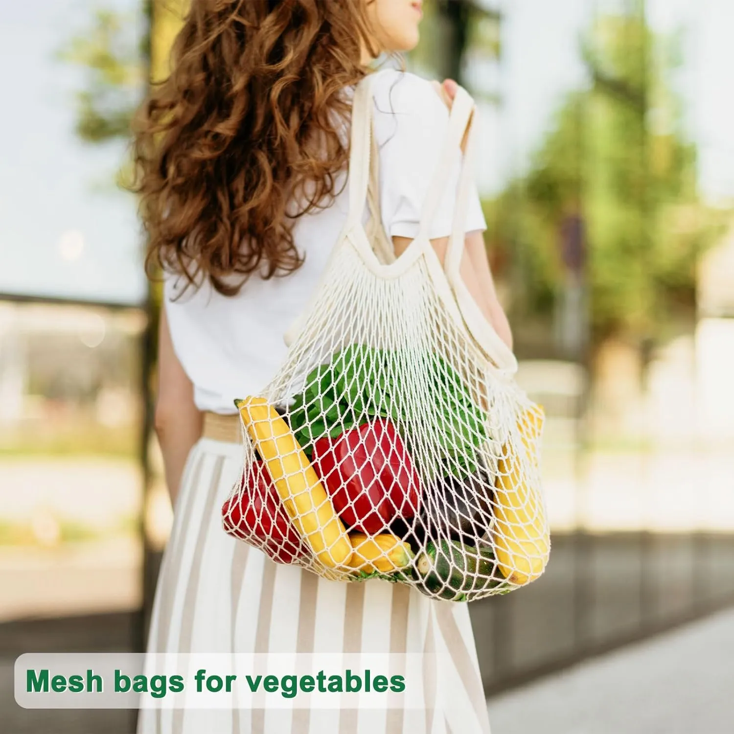 2-Pack Cotton Mesh Bag, Reusable Washable Mesh Net String Grocery Bags, Reusable Produce Bags with Handle, Net Tote Bag for Fruits/Vegetables Shopping [Black, Long&Short Handle]