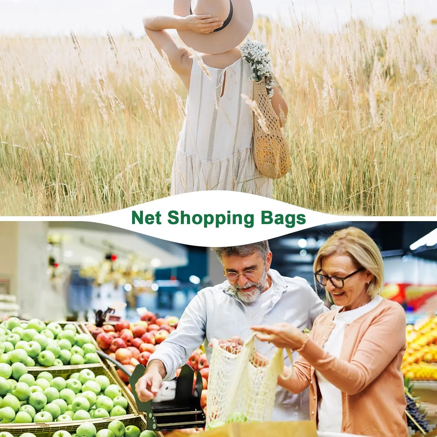 2-Pack Cotton Mesh Bag, Reusable Washable Mesh Net String Grocery Bags, Reusable Produce Bags with Handle, Net Tote Bag for Fruits/Vegetables Shopping [Black, Long&Short Handle]