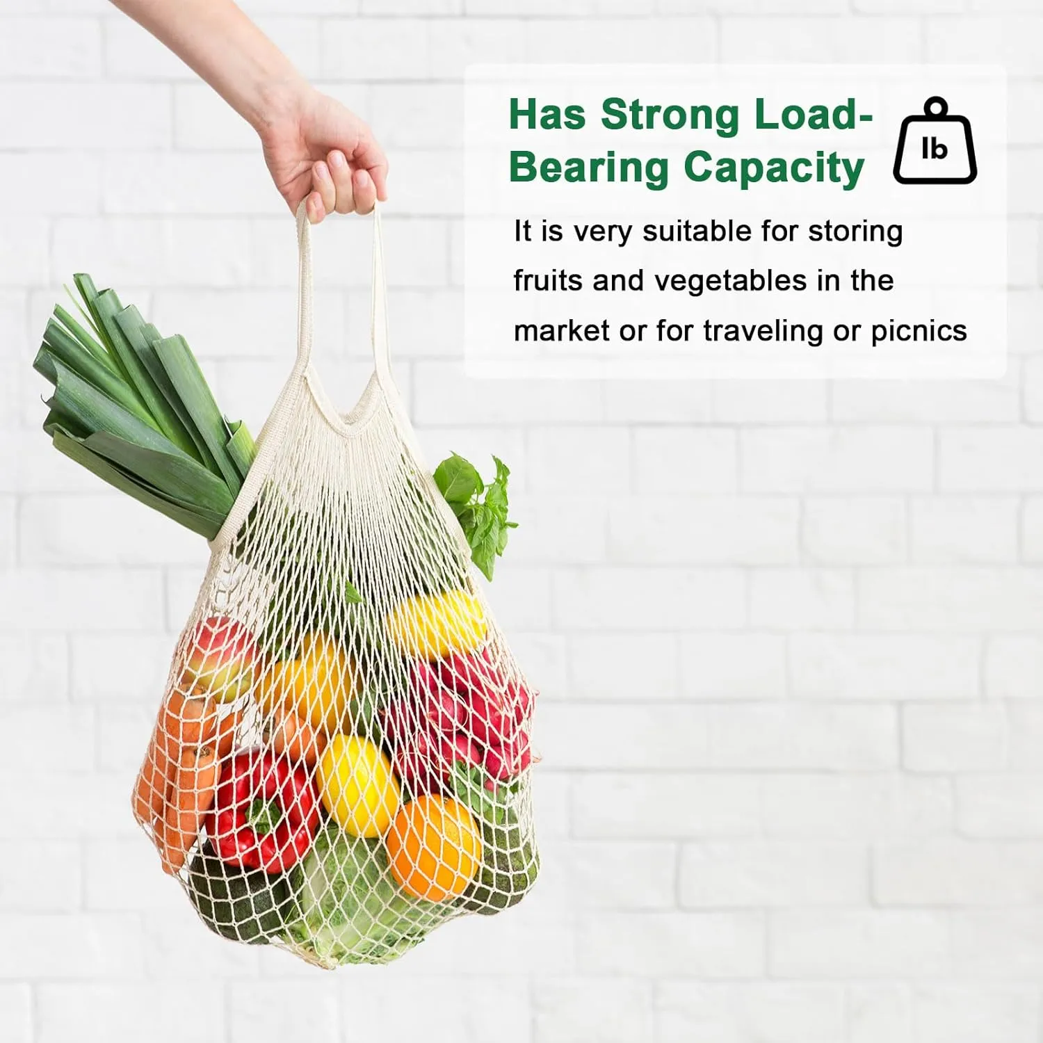 2-Pack Cotton Mesh Bag, Reusable Washable Mesh Net String Grocery Bags, Reusable Produce Bags with Handle, Net Tote Bag for Fruits/Vegetables Shopping [Black, Long&Short Handle]