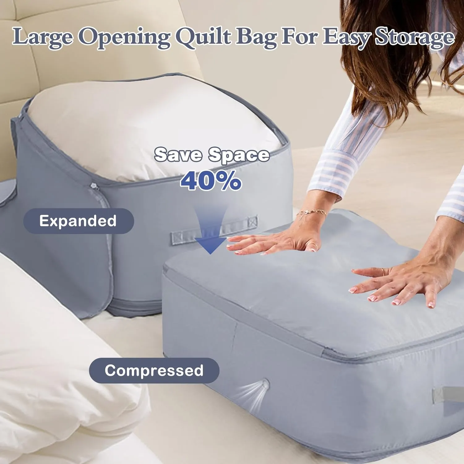 2 PCS Ultra Space Saving Self Compression Organizer, Comforter Storage Bag, Heavy Duty Moving Bags, Storage Tote for Space Saving, Moving Organizer Bags for Comforters, Clothes, Blankets (Gray)