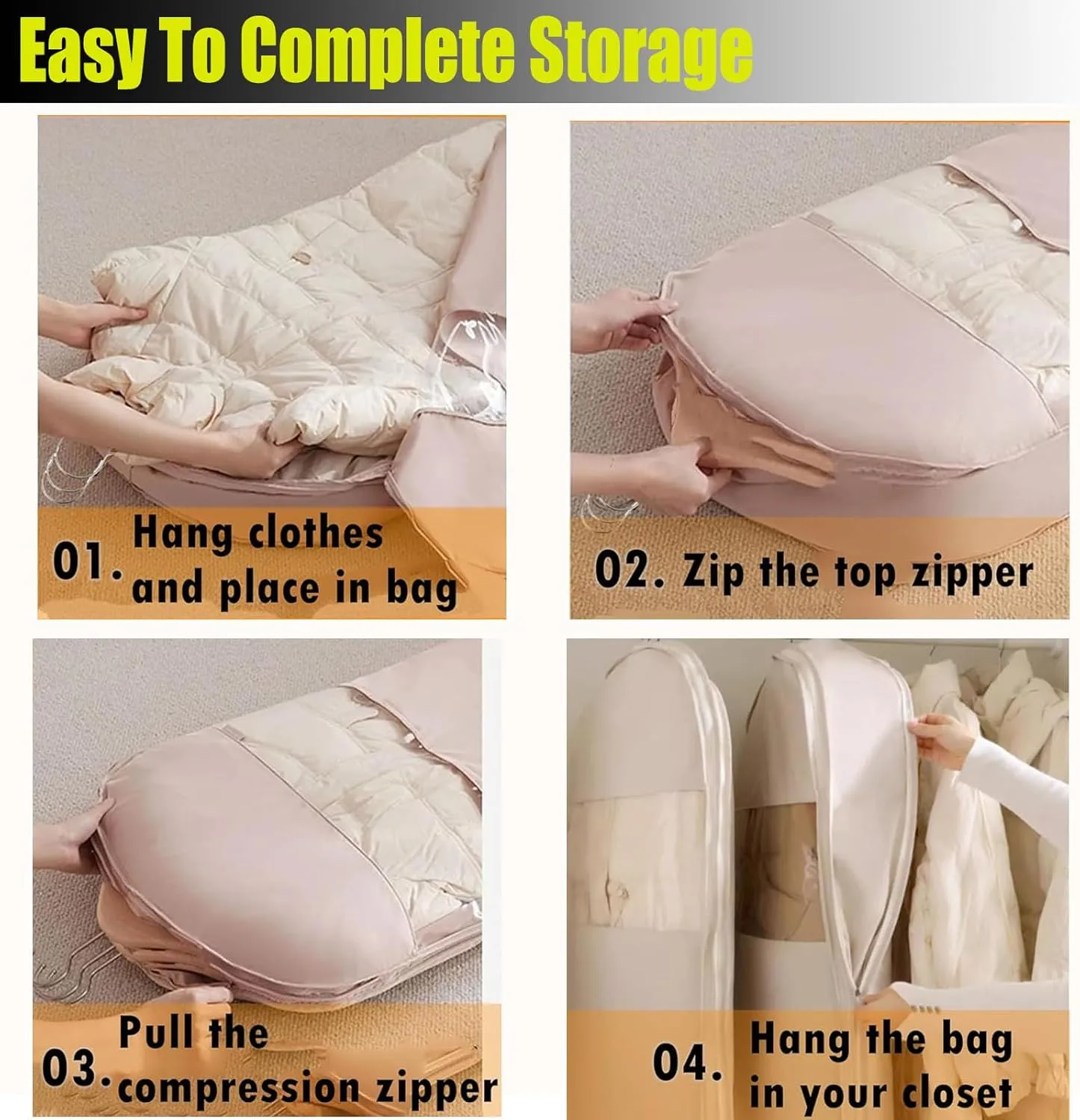 2025 Space Saving Hanging Garment Bag for Down Coat Dust Cover Clothes Storage Bags with Self Compression Zipper Thick Closet Organizer Storage Space Saver Bags
