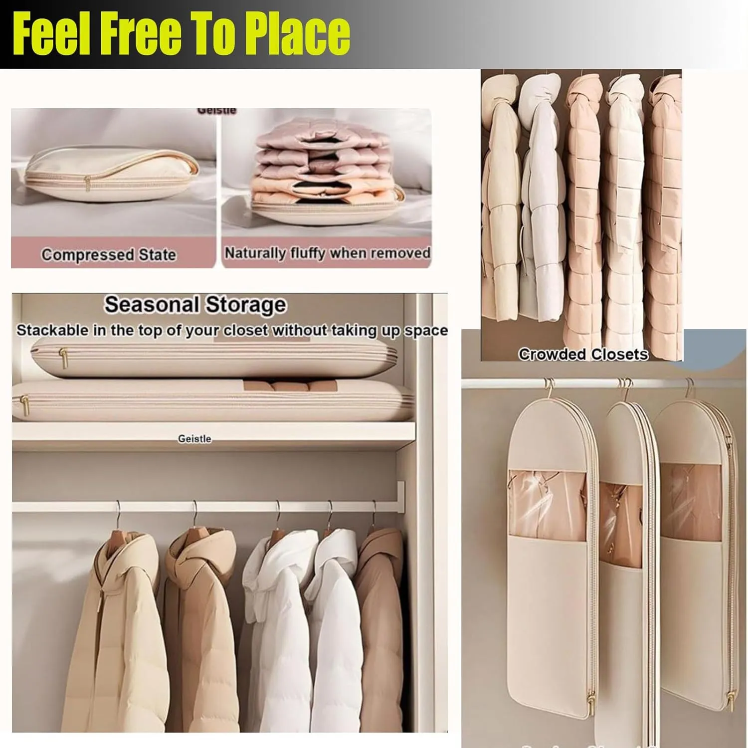 2025 Space Saving Hanging Garment Bag for Down Coat Dust Cover Clothes Storage Bags with Self Compression Zipper Thick Closet Organizer Storage Space Saver Bags