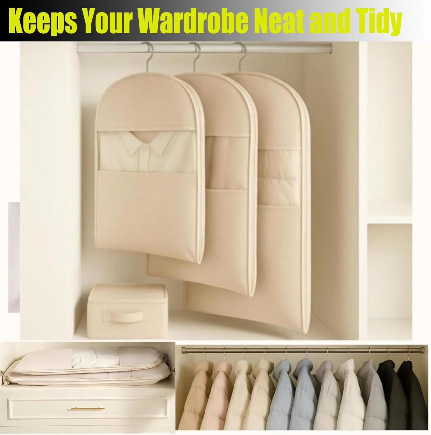 2025 Space Saving Hanging Garment Bag for Down Coat Dust Cover Clothes Storage Bags with Self Compression Zipper Thick Closet Organizer Storage Space Saver Bags