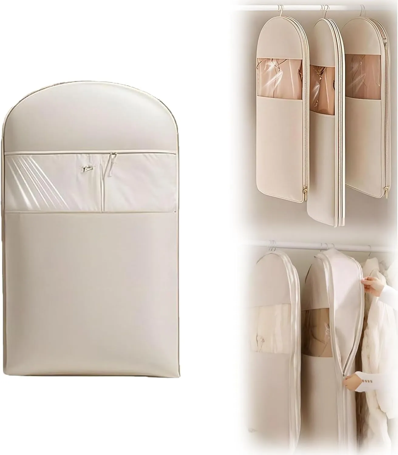 2025 Space Saving Hanging Garment Bag with Self Compression Zipper,Otherwise Garment Bag, Garment Bags for Travel,35/43/51in Garment Bags for Hanging Clothes, Coats, Jackets, Shirts (Beige, M)