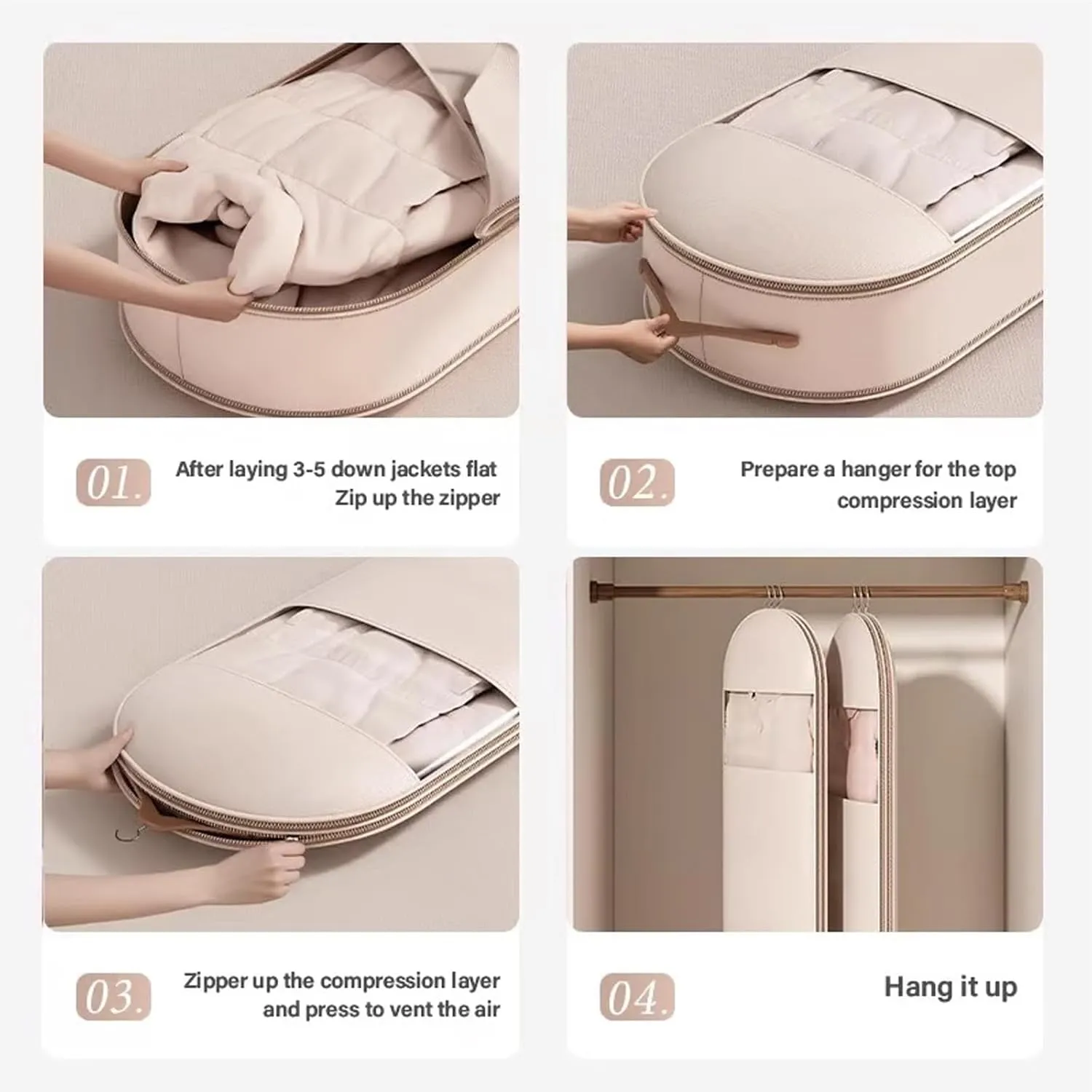 2025 Space Saving Hanging Garment Bag with Self Compression Zipper,Otherwise Garment Bag, Garment Bags for Travel,35/43/51in Garment Bags for Hanging Clothes, Coats, Jackets, Shirts (Beige, XL)