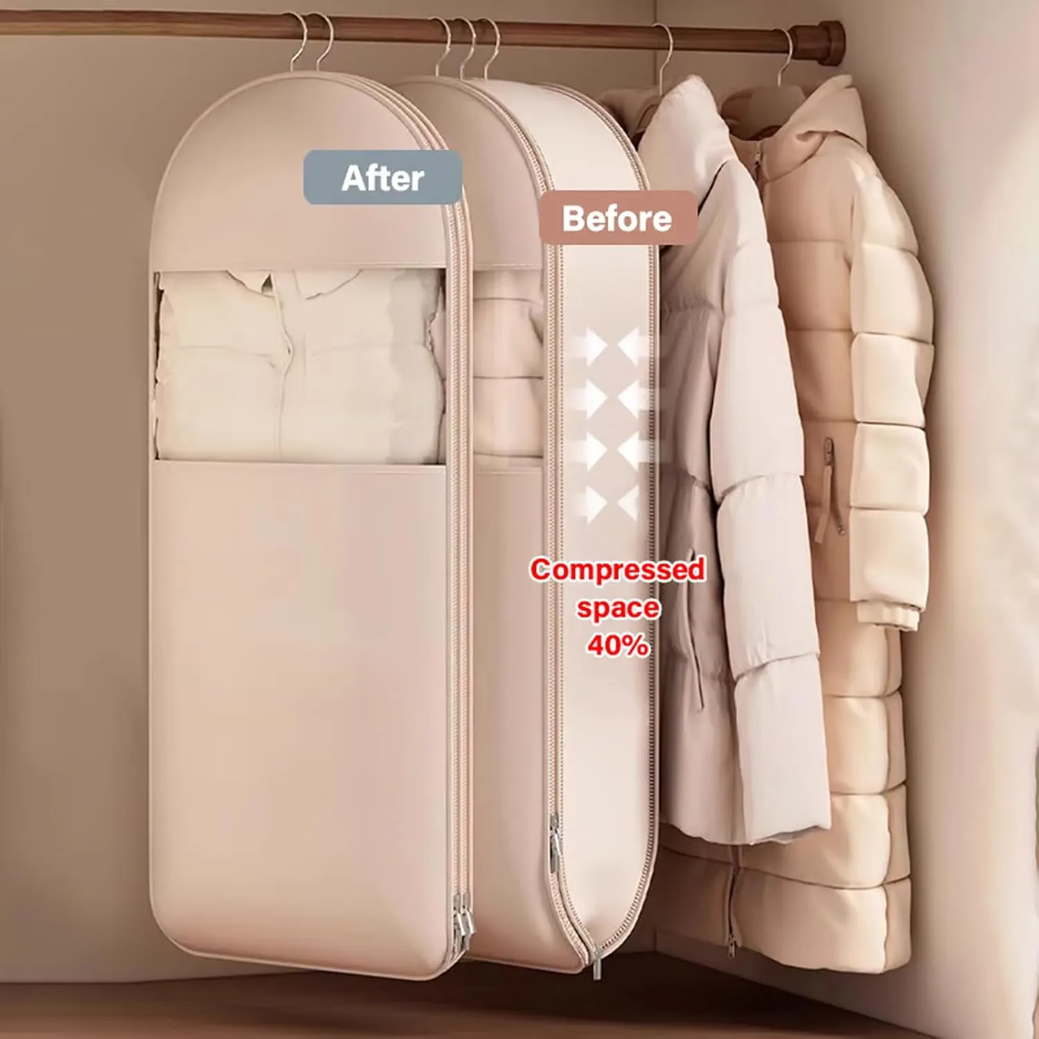 2025 Space Saving Hanging Garment Bag with Self Compression Zipper,Otherwise Garment Bag, Garment Bags for Travel,35/43/51in Garment Bags for Hanging Clothes, Coats, Jackets, Shirts (Beige, XL)