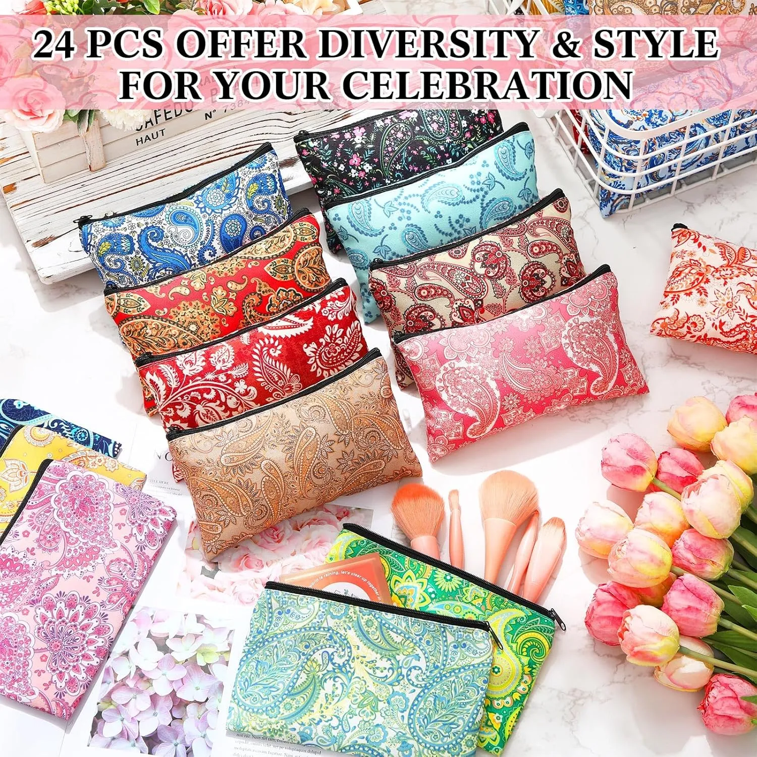 24 Pieces Makeup Bags Bulk Canvas Cosmetic Bags Purse Organizer Zipper Cosmetic Pouch Portable Travel Toiletry Pouch for Women Men Gifts, 7 x 4 Inch (Paisley)