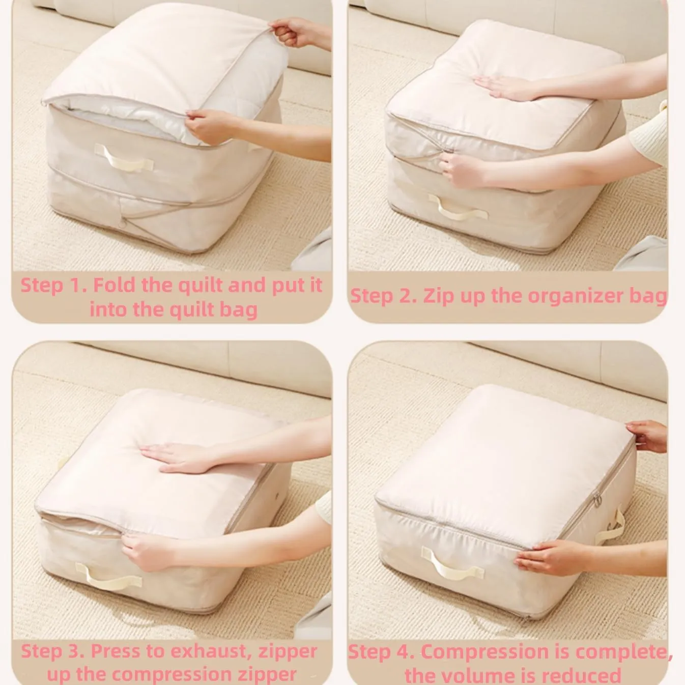 2Pcs Ultra Space Saving Self Compression Organizer, 2025 Upgrade Saver Quilt Storage Bag, Moving Organizer Bags for Comforters, Clothes, Blankets - Pink