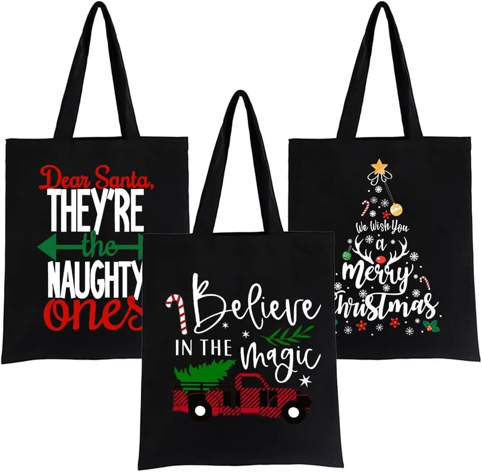 3 PCS Wish You A Merry Xmas Christsmas Canvas Tote Bag Grocery Reusable Canvas Handbags