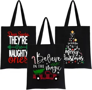 3 PCS Wish You A Merry Xmas Christsmas Canvas Tote Bag Grocery Reusable Canvas Handbags