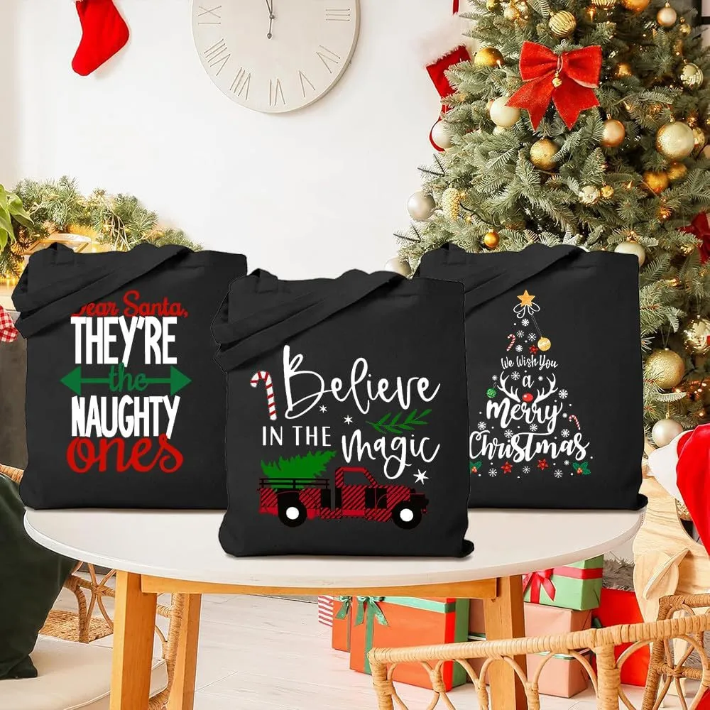 3 PCS Wish You A Merry Xmas Christsmas Canvas Tote Bag Grocery Reusable Canvas Handbags