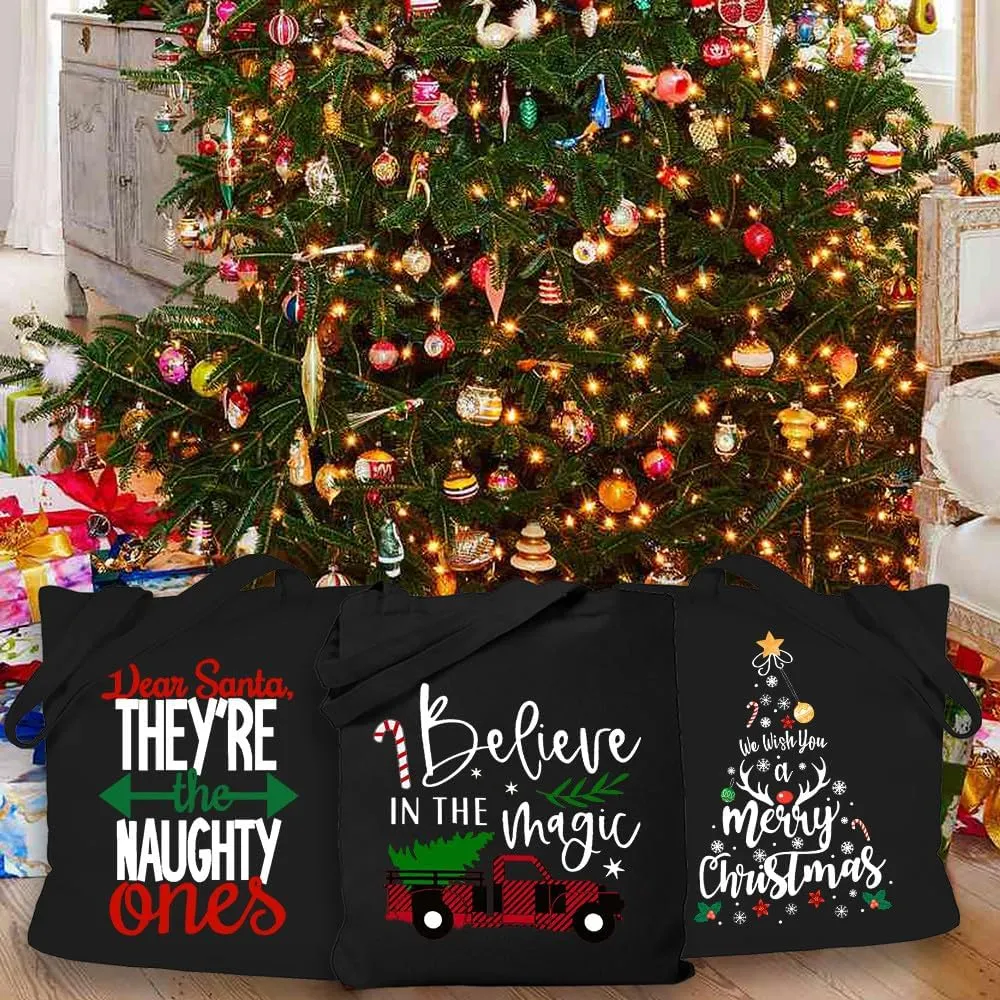 3 PCS Wish You A Merry Xmas Christsmas Canvas Tote Bag Grocery Reusable Canvas Handbags